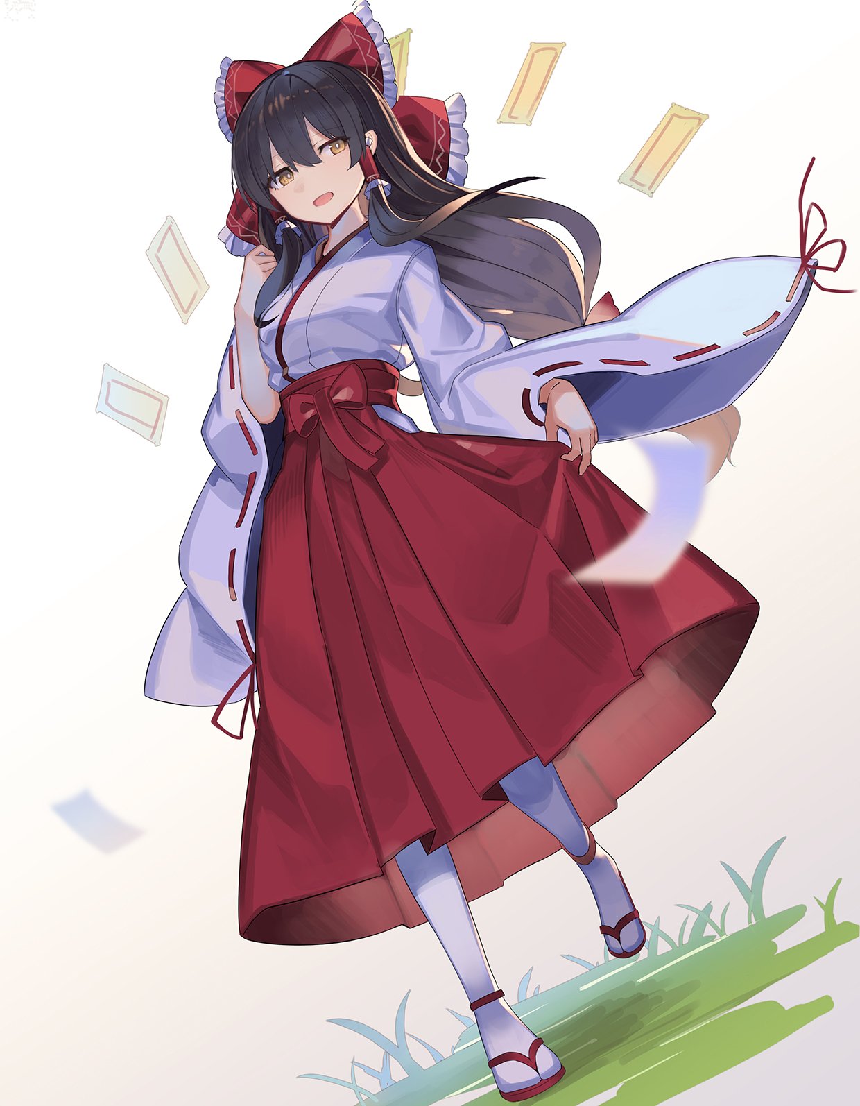 1girl, alternate_costume, black_hair, bow, dutch_angle, falken_(yutozin), hair_bow, hair_tubes