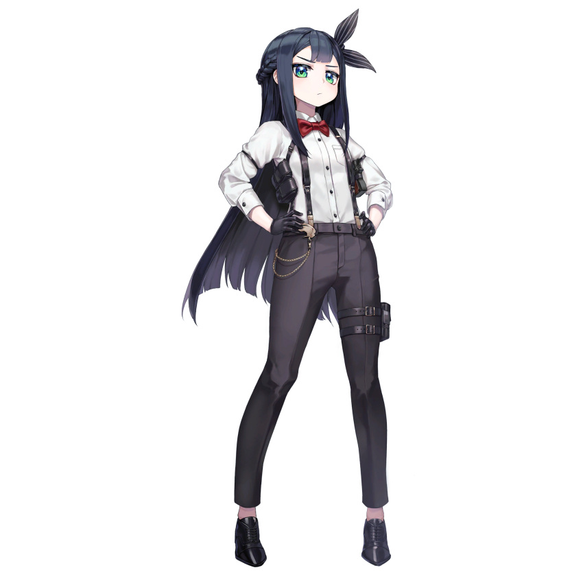 1girl, :/, andvari_(last_origin), arm_strap, belt_pouch, black_footwear, black_gloves, black_hair