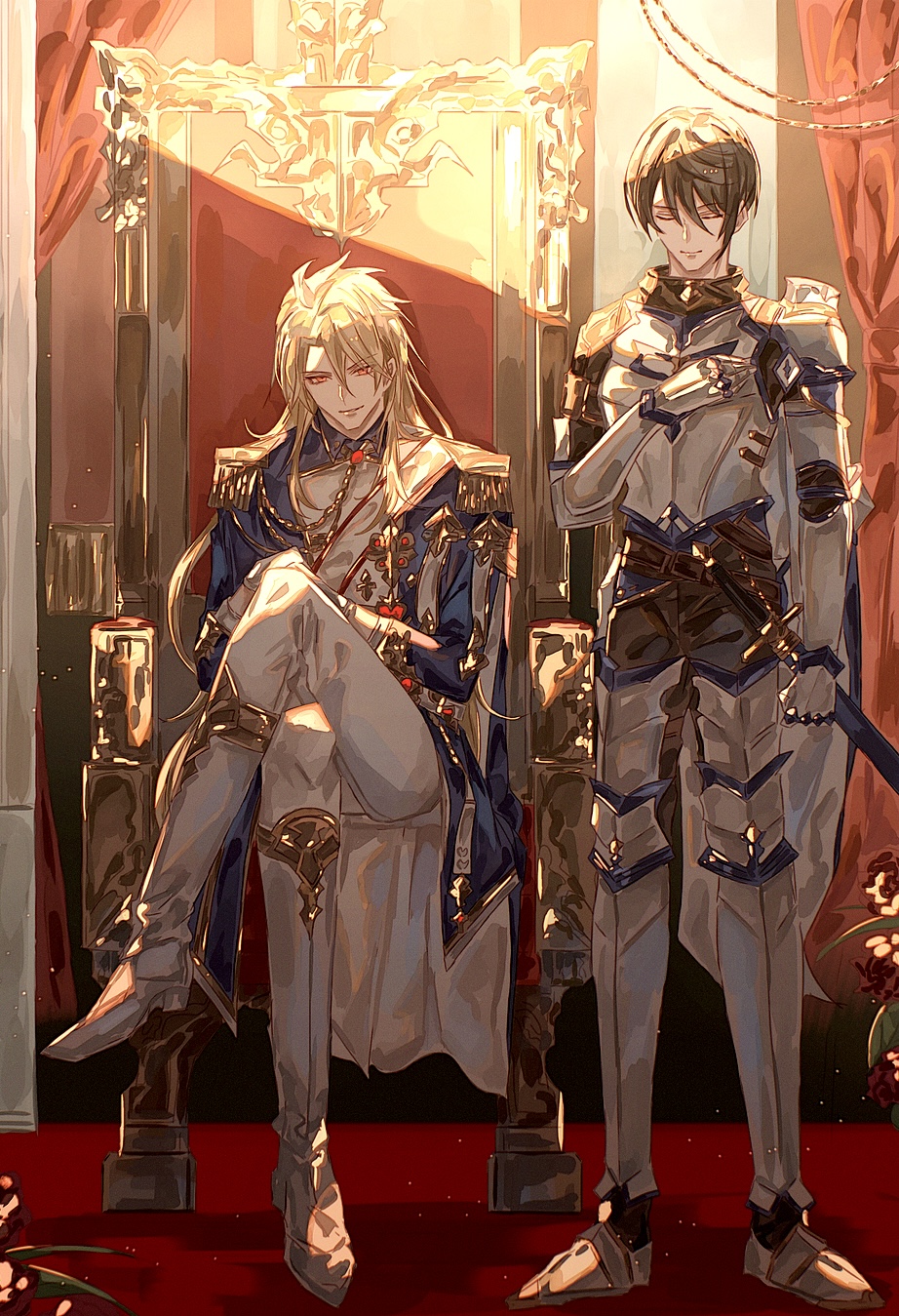 2boys, aglovale_(granblue_fantasy), aiguillette, armored_boots, belt, black_belt, black_pants, blonde_hair