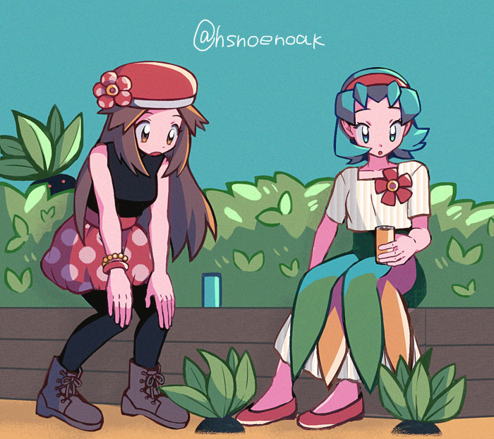 2girls, alternate_costume, beret, black_pantyhose, black_shirt, boots, brown_eyes, brown_hair, bush, eyelashes, green_eyes, green_hair, hairband, hat, holding, hsngamess, kris_(pokemon), leaf_(pokemon), long_hair, looking_down, multiple_girls, oddish, open_mouth, pantyhose, parted_lips, pokemon, pokemon_(creature), pokemon_(game), pokemon_frlg, pokemon_gsc, polka_dot, polka_dot_skirt, red_footwear, red_hairband, red_headwear, shirt, shoes, short_sleeves, sitting, skirt, sleeveless, sleeveless_shirt, squatting