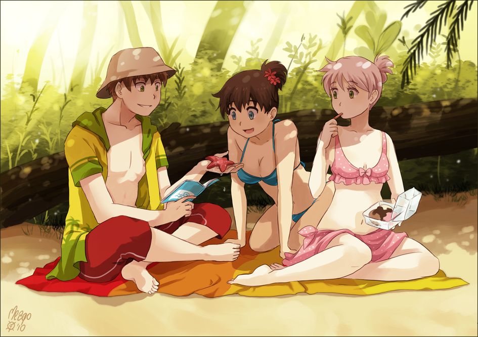 beach, bikini, bob_(meago), bow_bra, bra, breasts, cleavage, emily_(meago)
