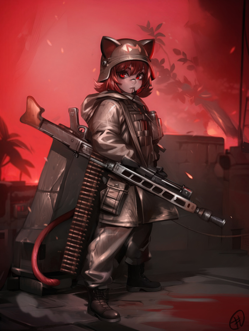 1girl, absurdres, ammunition, ammunition_belt, animal_ears, barrel_shroud, bipod, boots