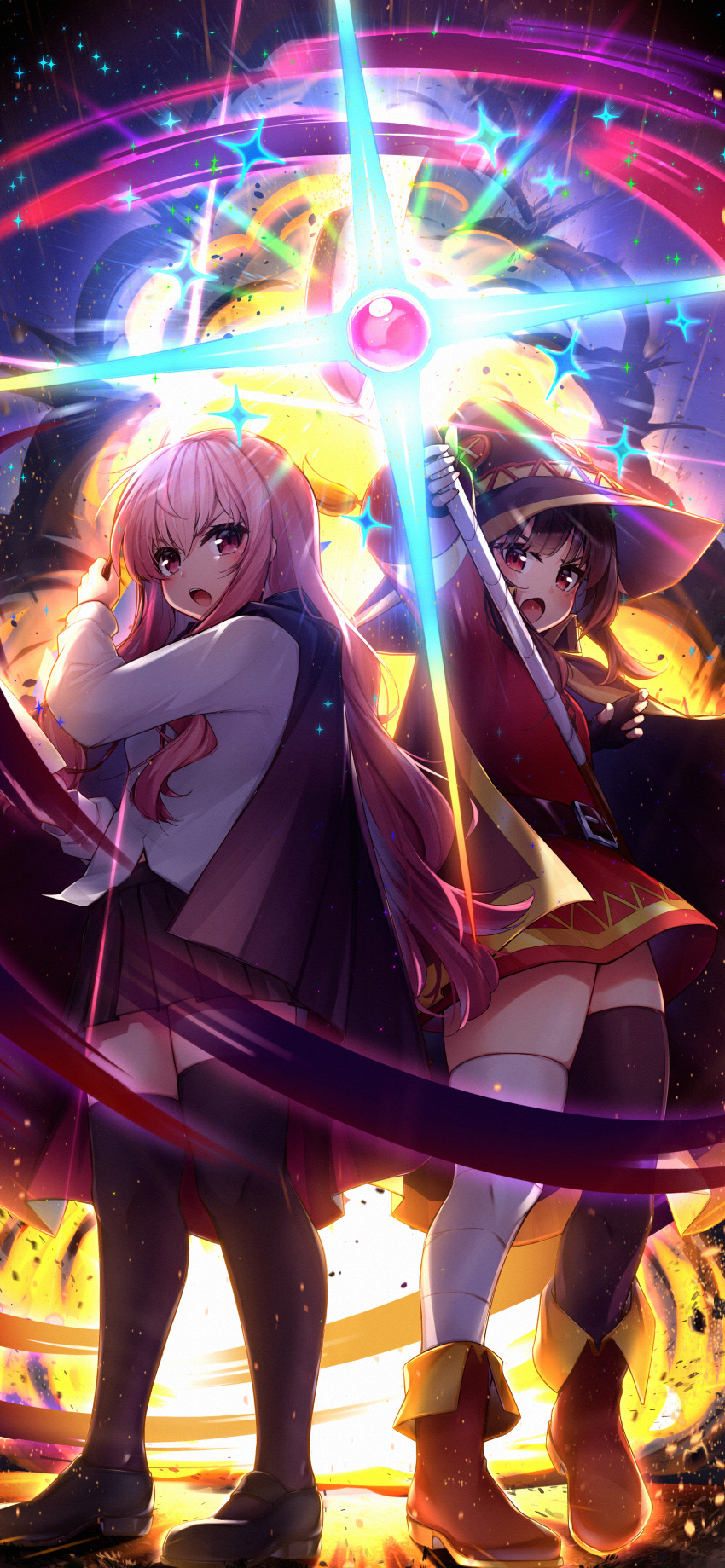2girls, absurdres, asymmetrical_legwear, backlighting, bandaged_leg, bandages, black_cape, black_thighhighs