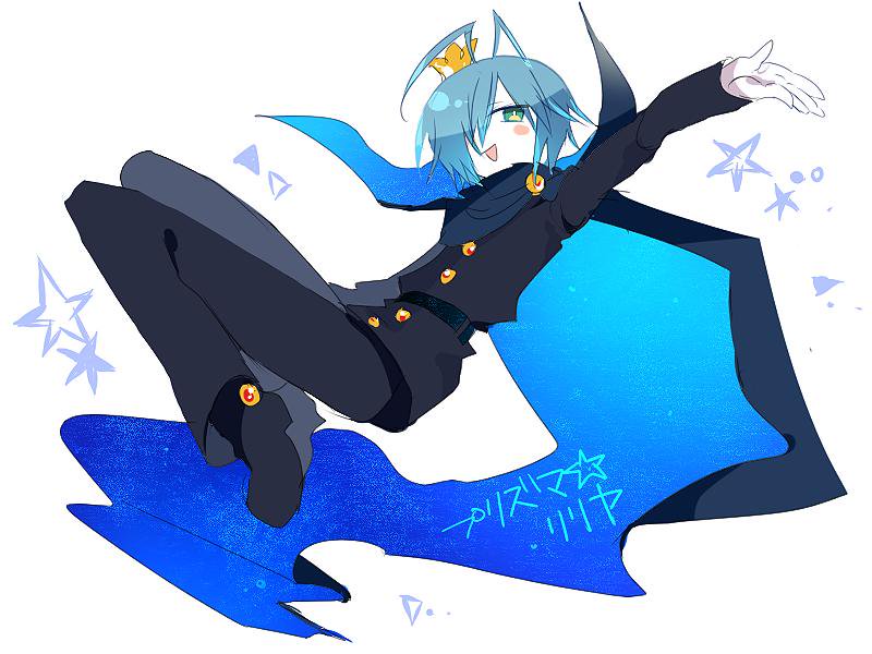 1boy, antenna_hair, belt, black_belt, black_cape, black_footwear, black_pants, black_shirt, blue_hair, boots, cape, crown, funamusea, gloves, green_eyes, hair_over_one_eye, light_blue_hair, liliya_(funamusea), long_sleeves, male_focus, mini_crown, one_eye_covered, pants, shirt, short_hair, solo, star_(symbol), starry_sky_print, white_background, white_gloves, zenryoku_eimin