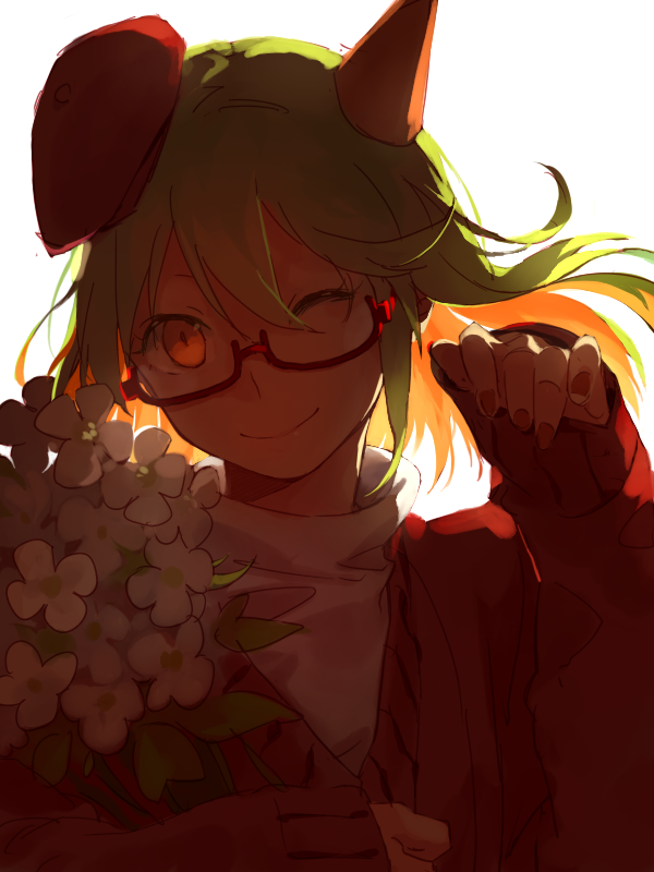 1girl, closed_mouth, demon_girl, demon_horns, flower, glasses, green_hair, haiiro_teien, hat, holding, holding_flower, horns, kuroko_mikura, long_hair, looking_at_viewer, one_eye_closed, orange_eyes, short_hair, single_horn, smile, yosafire_(haiiro_teien)