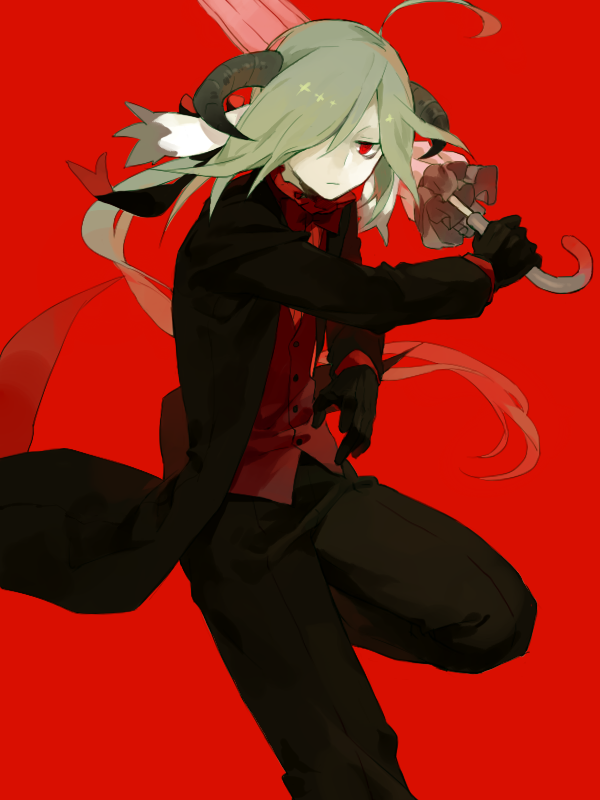 1boy, ahoge, black_gloves, black_jacket, black_pants, closed_mouth, closed_umbrella, demon_boy