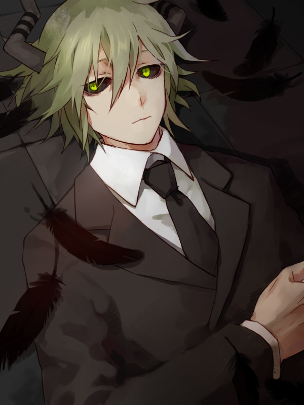 1boy, black_feathers, black_necktie, black_sclera, black_suit, closed_mouth, collared_shirt, colored_sclera