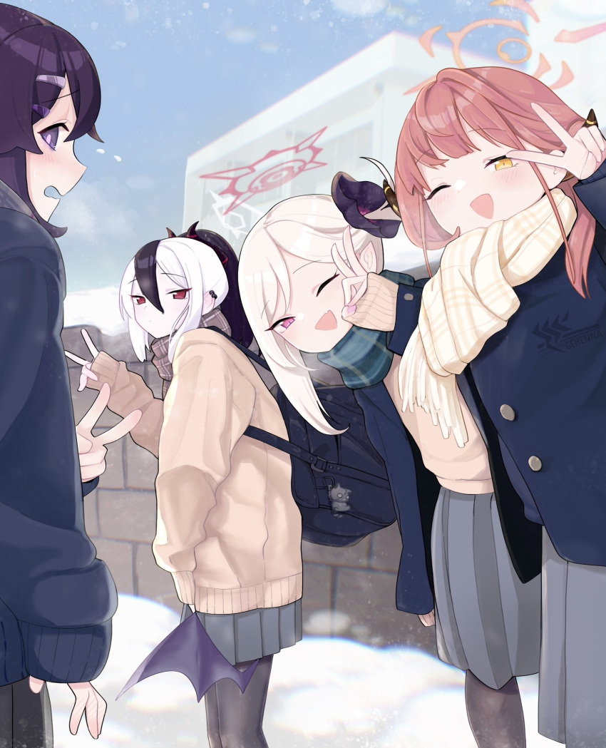 4girls, ;d, aru_(blue_archive), backpack, bag, black_pantyhose, blue_archive, blush, breath, brown_car, demon_horns, fingernails, halo, haruka_(blue_archive), highres, horns, kayoko_(blue_archive), long_sleeves, looking_at_viewer, multiple_girls, mutsuki_(blue_archive), nail_polish, one_eye_closed, outdoors, pantyhose, plaid, plaid_scarf, pleated_skirt, problem_solver_68_(blue_archive), scarf, single_sidelock, skirt, smile, snow, snowing, urode, v, winter