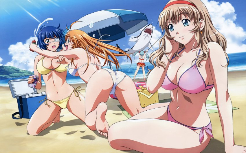 4girls, beach, bikini, blue_eyes, blue_hair, bracelet, cleavage, earrings