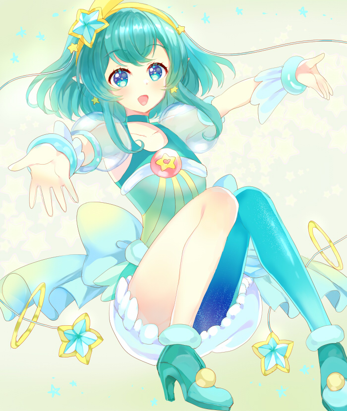 1girl, aqua_choker, aqua_dress, aqua_eyes, aqua_footwear, aqua_hair, aqua_pantyhose, blue_bracelet, bubble_skirt, choker, cure_milky, dress, earrings, hagoromo_lala, hair_ornament, hairband, jewelry, kinoshita_idea, long_hair, looking_at_viewer, magical_girl, open_mouth, pantyhose, pointy_ears, precure, see-through, see-through_sleeves, short_sleeves, single_leg_pantyhose, skirt, smile, solo, star-shaped_pupils, star_(symbol), star_color_pen, star_earrings, star_hair_ornament, star_in_eye, star_twinkle_precure, symbol-shaped_pupils, symbol_in_eye, yellow_background, yellow_hairband