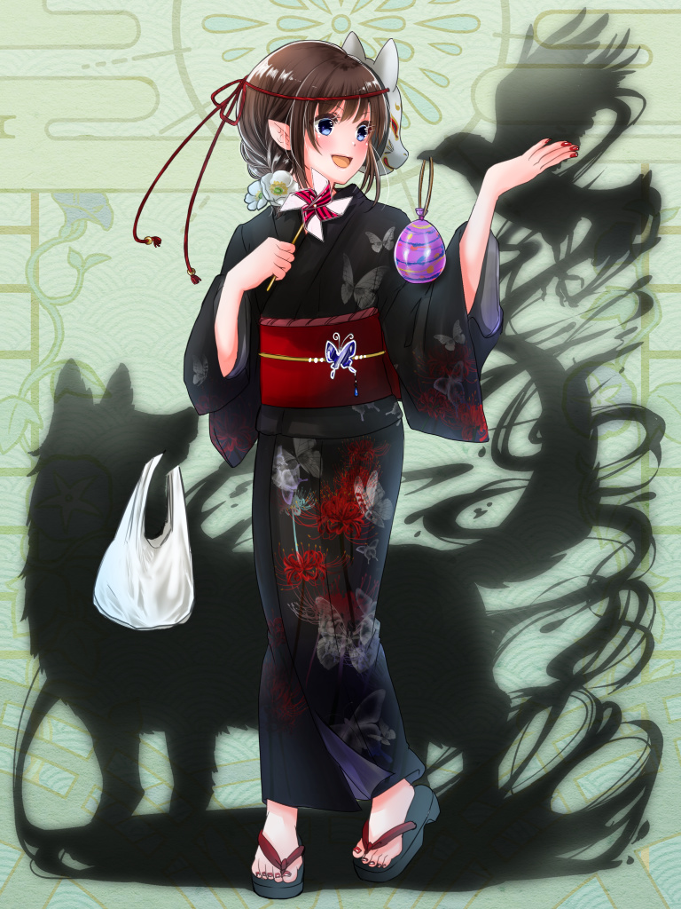 1girl, :d, animal_print, bird, black_kimono, blue_eyes, brown_hair, butterfly_ornament, butterfly_print, crow, dairoku_ryouhei, floral_print, flower, fox_mask, full_body, green_background, holding_pinwheel, japanese_clothes, kageto_kozue, kimono, looking_at_animal, mask, obi, pinwheel, pointy_ears, red_nails, sandals, sash, shadow, shimotsukishin, smile, spider_lily_print, water_yoyo, wide_sleeves, wolf