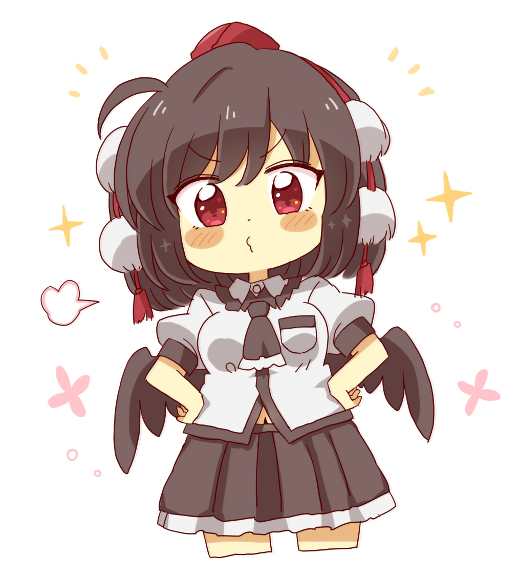 1girl, black_hair, black_skirt, black_wings, blush_stickers, breasts, collared_shirt, commentary_request