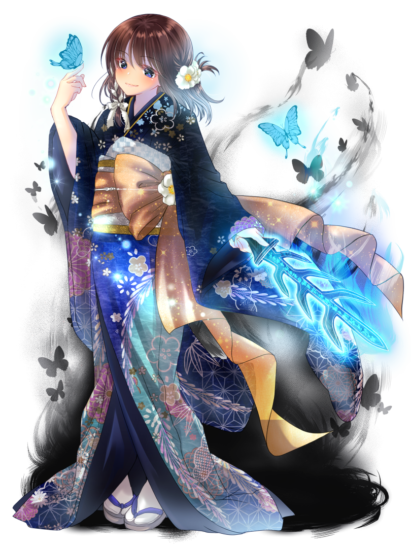 1girl, black_butterfly, blue_butterfly, blue_eyes, brown_hair, bug, butterfly, butterfly_on_hand, dairoku_ryouhei, floral_print, flower, glowing, glowing_weapon, gradient_kimono, hair_flower, hair_ornament, hand_up, holding, holding_weapon, japanese_clothes, kageto_kozue, kimono, medium_hair, obi, sandals, sash, shimotsukishin, smile, socks, solo, standing, weapon, weapon_request, white_socks, wide_sleeves, yukata