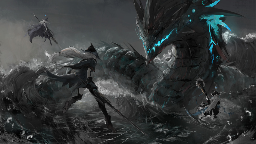3girls, absurdres, arknights, battle, black_dress, black_gloves, black_headwear, circular_saw