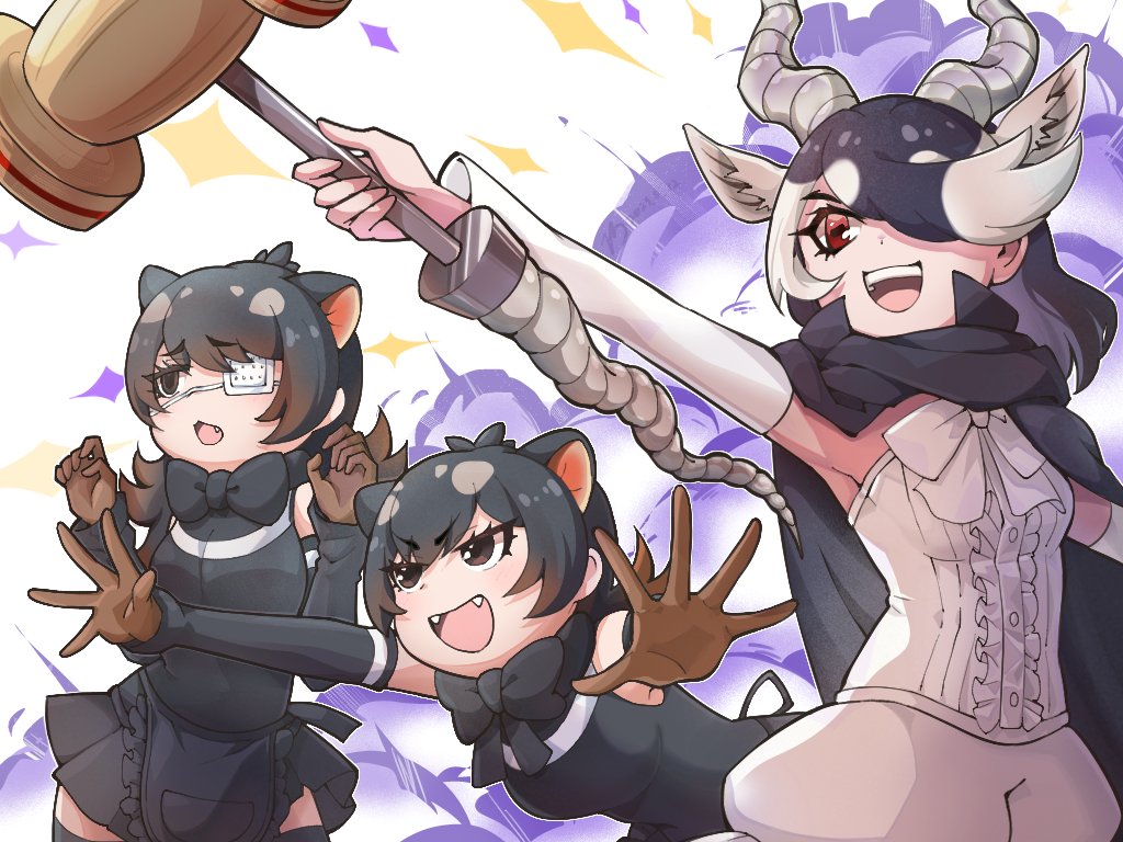 3girls, antelope_ears, antelope_horns, apron, australian_devil_(kemono_friends), bare_shoulders, black_apron, black_bow