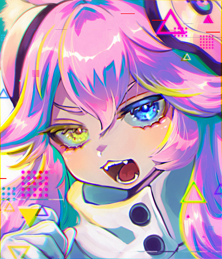 1girl, ai.mi_(omega_strikers), animal_ears, blue_eyes, cat_ears, collared_shirt, earphones, earphones