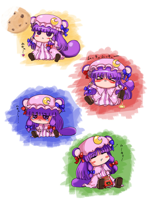 >_<, animal_ears, blush, book, chibi, cookie, food, hair_ribbon