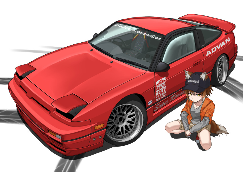animal_ears, arai_kogane, baseball_cap, brown_hair, brown_shorts, car, fox_ears, fox_girl