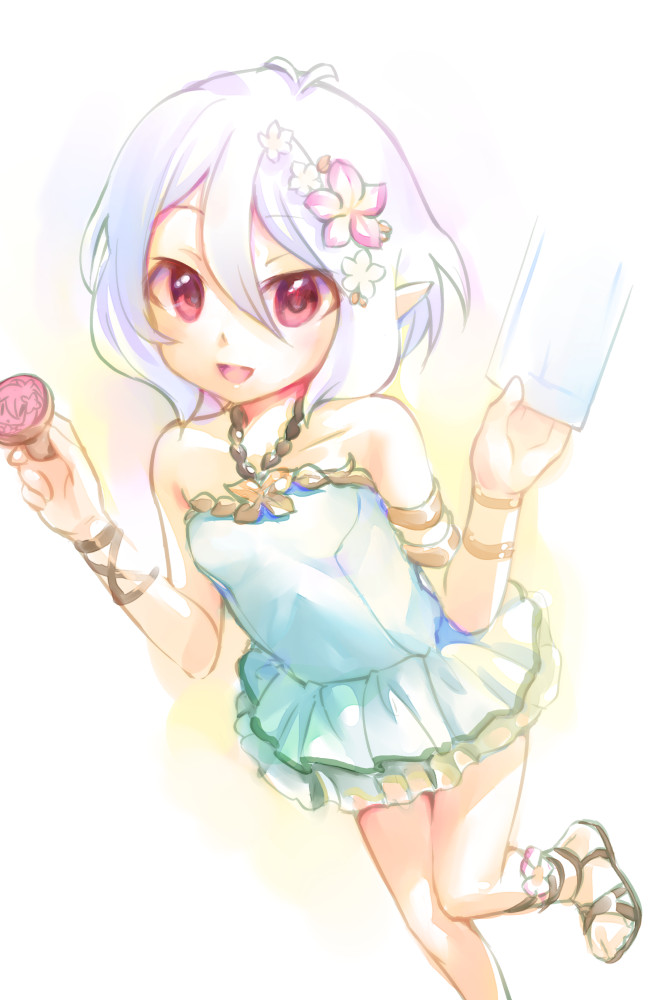 1girl, antenna_hair, armlet, bare_shoulders, blush, casual_one-piece_swimsuit, elf, flower, foot_out_of_frame, hair_between_eyes, hair_flower, hair_ornament, holding, kawaseki, kokkoro_(princess_connect!), kokkoro_(summer)_(princess_connect!), leg_up, looking_at_viewer, one-piece_swimsuit, open_mouth, pink_eyes, pink_flower, pointy_ears, princess_connect!, short_hair, simple_background, smile, solo, stamp-sheet, swimsuit, white_background, white_hair, white_one-piece_swimsuit
