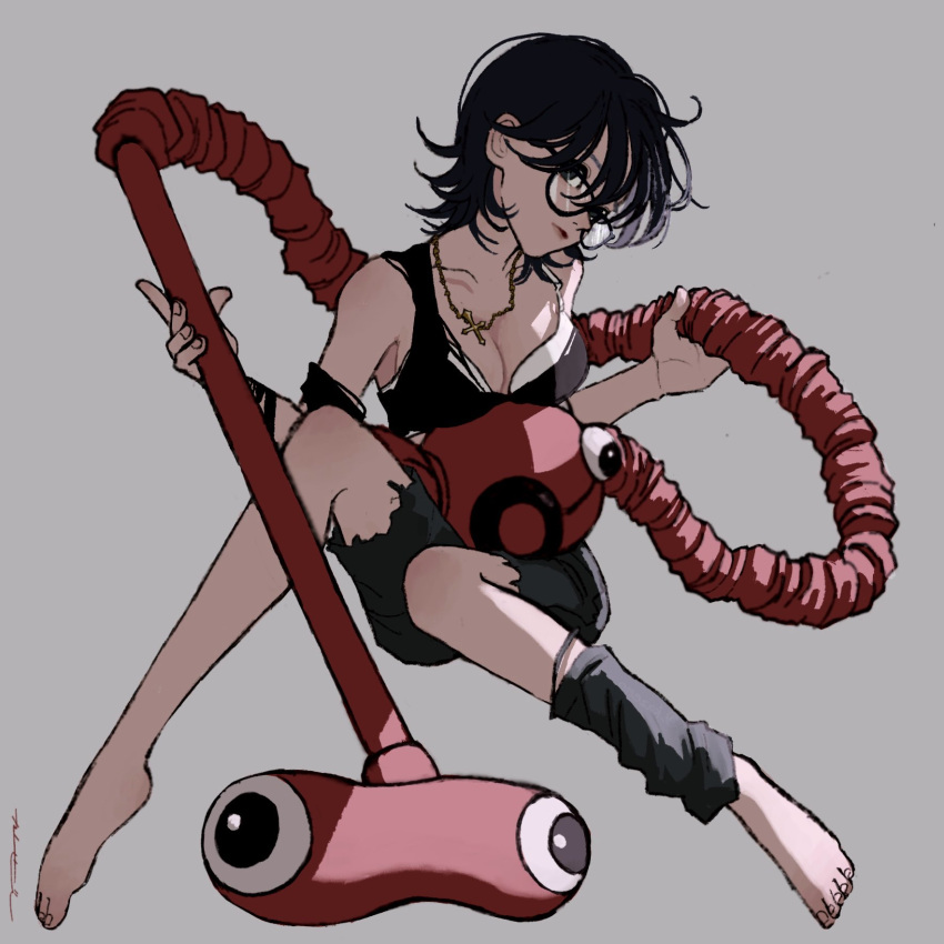 1girl, barefoot, black-framed_eyewear, black_hair, breasts, cross, cross_necklace, full_body