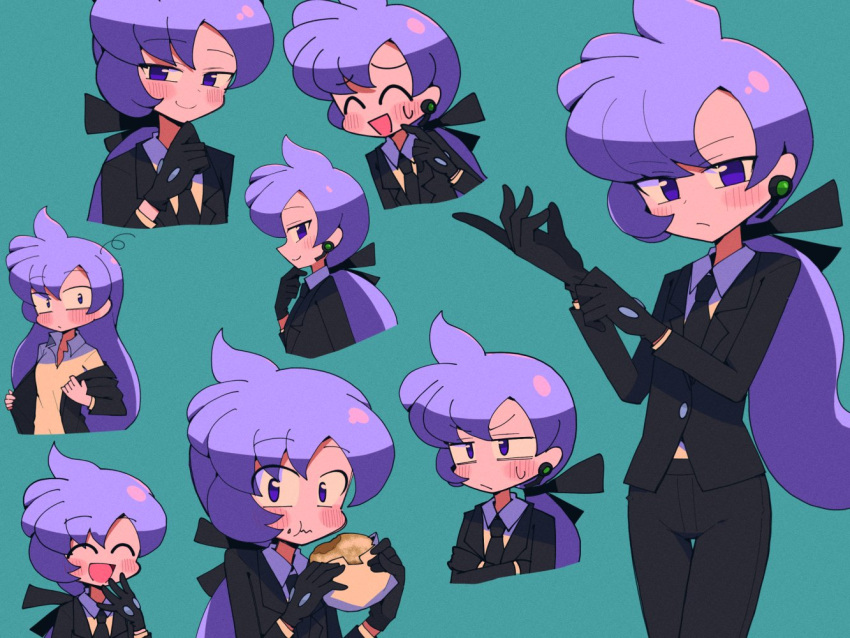 1girl, :t, adjusting_clothes, adjusting_gloves, anabel_(pokemon), black_gloves, black_jacket, black_necktie, black_pants, black_ribbon, blush, chibi, closed_mouth, collared_shirt, commentary_request, earpiece, eating, food, food_on_face, gloves, green_background, hair_ribbon, holding, jacket, kuwagata_zaurus, long_hair, long_sleeves, messy_hair, multiple_views, necktie, pants, pokemon, pokemon_(game), pokemon_sm, ponytail, purple_hair, ribbon, shirt, violet_eyes, white_shirt