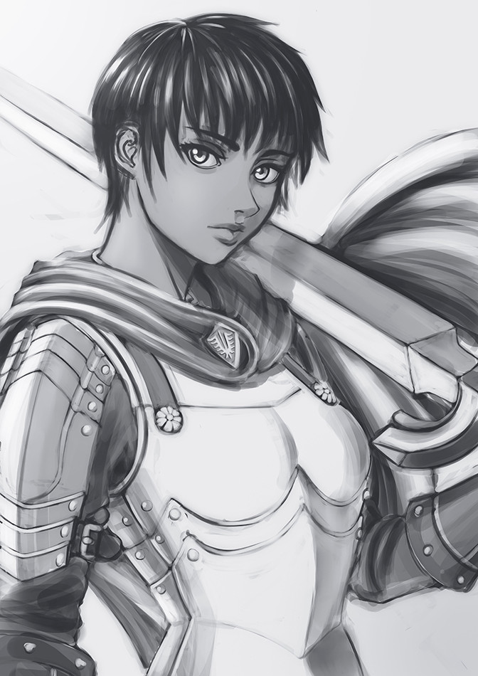 1girl, armor, berserk, black_hair, cape, casca_(berserk), commentary_request, emblem