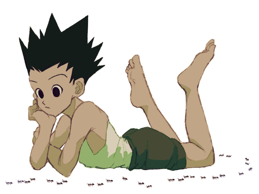 1boy, ant, bare_shoulders, barefoot, black_eyes, black_hair, bug, expressionless