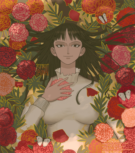 1girl, artist_name, black_hair, bug, butterfly, closed_mouth, dark_skin, flower