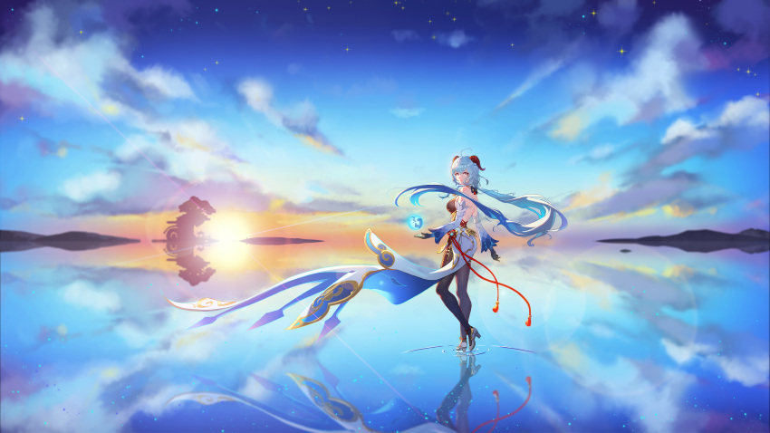 1girl, absurdres, afloat, ahoge, bare_back, black_bodysuit, black_gloves, blue_hair