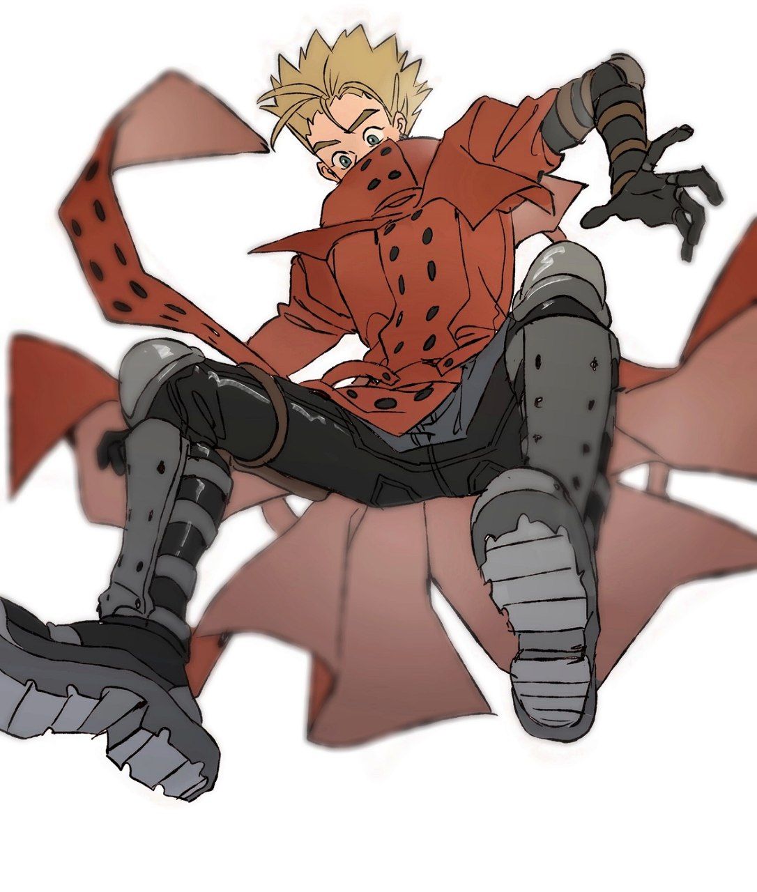 1boy, black_pants, blonde_hair, boots, coat, highres, iria_arts, jewelry, pants, red_coat, ring, solo, spiky_hair, spread_legs, trigun, vash_the_stampede