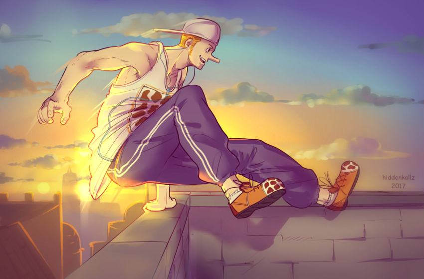 1boy, 2017, alternate_costume, artist_name, backwards_hat, clouds, from_side, full_body, hat, hiddenkallz, jewelry, kaku_(one_piece), long_nose, necklace, one_piece, open_mouth, orange_hair, short_hair, smile, solo