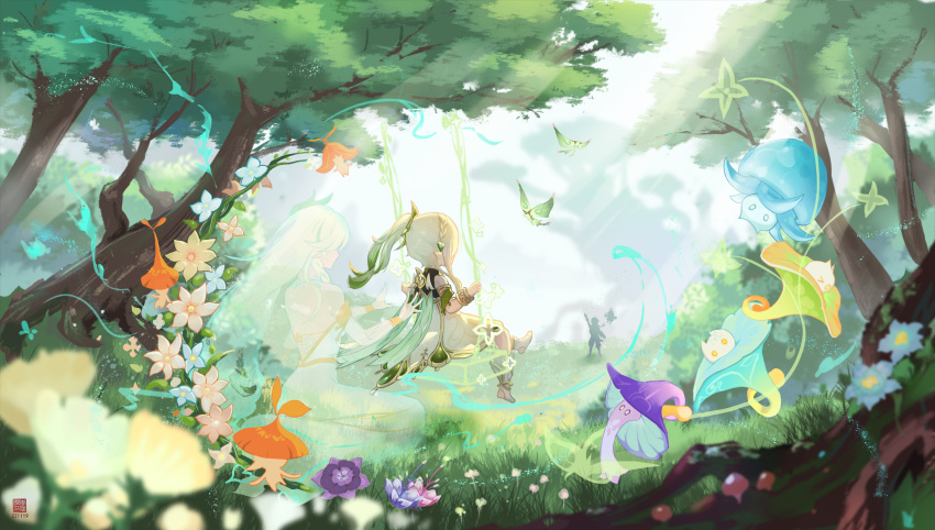 1girl, 6+others, absurdres, aranara_(genshin_impact), back, blurry, bracelet, braid, cape, character_request, commentary_request, crown_braid, crystalfly_(genshin_impact), depth_of_field, detached_sleeves, dress, ermu_(enmmm), flower, forest, from_behind, fungi_(genshin_impact), genshin_impact, gradient_hair, grass, green_cape, hair_ornament, highres, jewelry, leaf_hair_ornament, long_hair, multicolored_hair, multiple_others, nahida_(genshin_impact), nature, pointy_ears, scenery, short_dress, short_sleeves, sidelocks, single_braid, sitting, stirrup_legwear, sunlight, swing, toeless_legwear, tree, two-tone_hair, white_dress