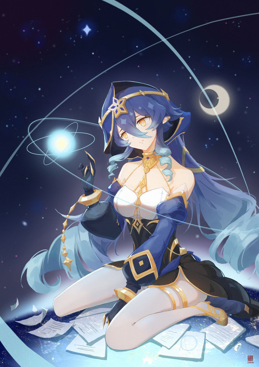 1girl, absurdres, arabian_clothes, black_gloves, black_hair, claw_ring, commentary_request, detached_sleeves