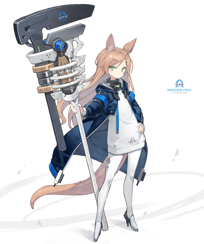 1girl, adjustable_wrench, animal_ear_fluff, animal_ears, armband, blue_armband, blue_coat, closed_mouth