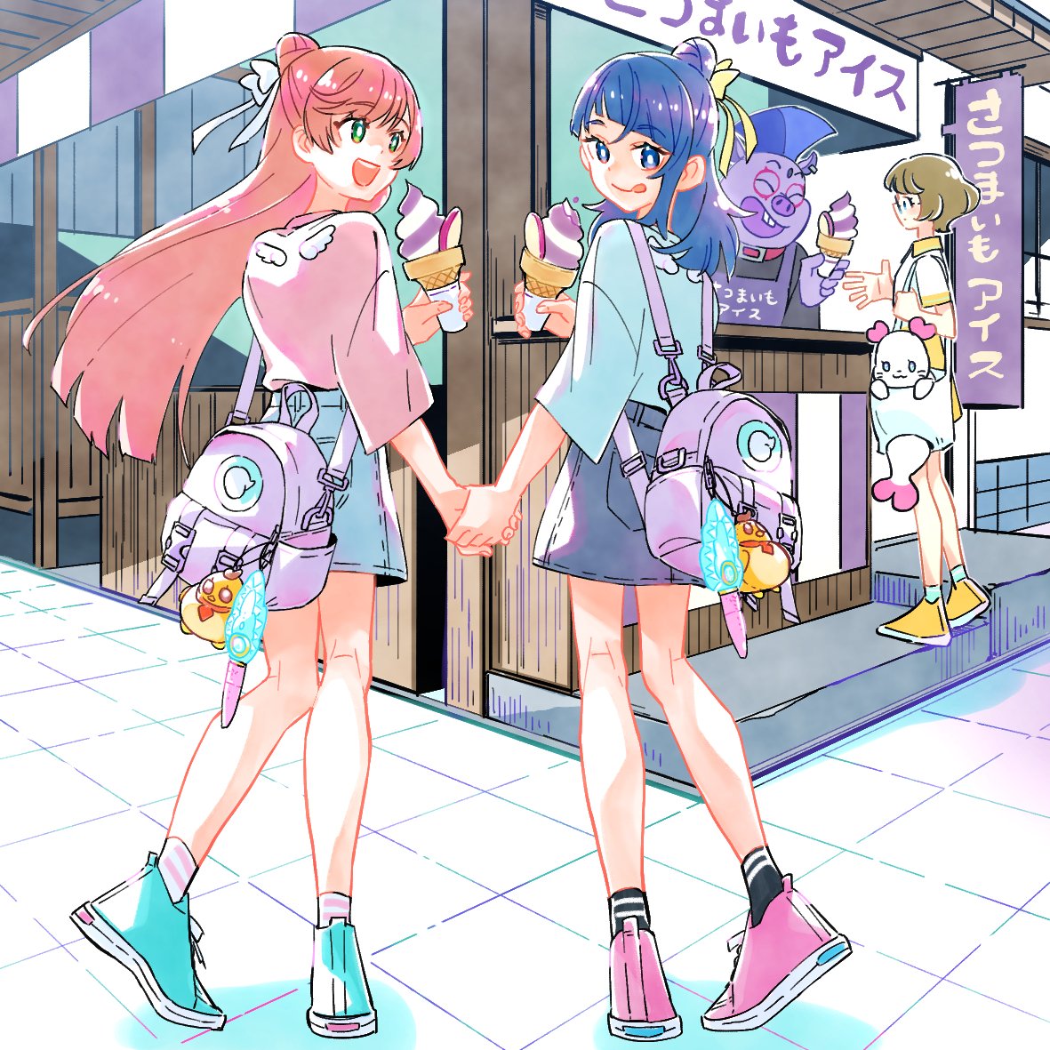 1boy, 3girls, animal_keychain, apron, backpack, bag, blue_eyes, blue_footwear