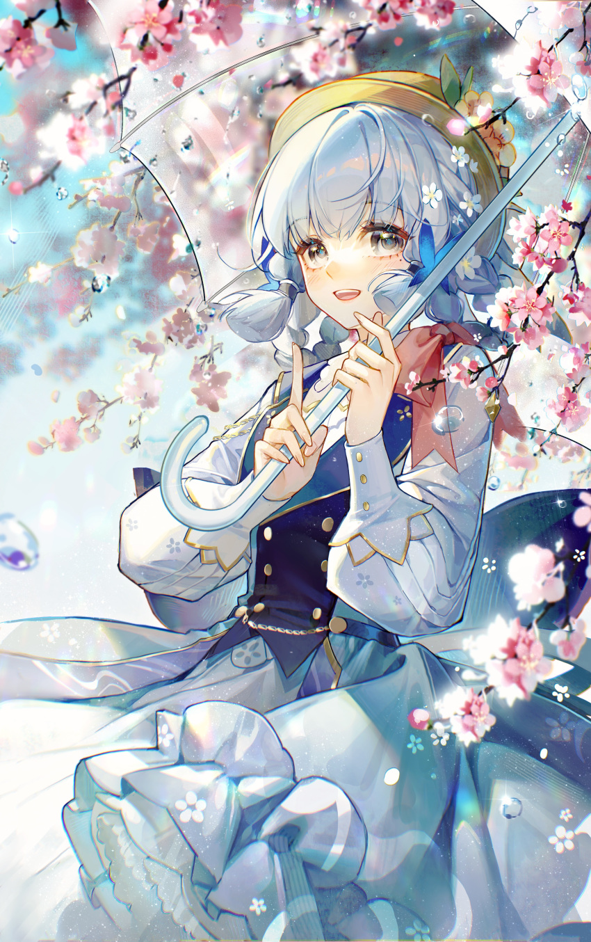 1girl, absurdres, blue_dress, blue_hair, blunt_tresses, brown_headwear, butterfly_hair_ornament, cherry_blossoms