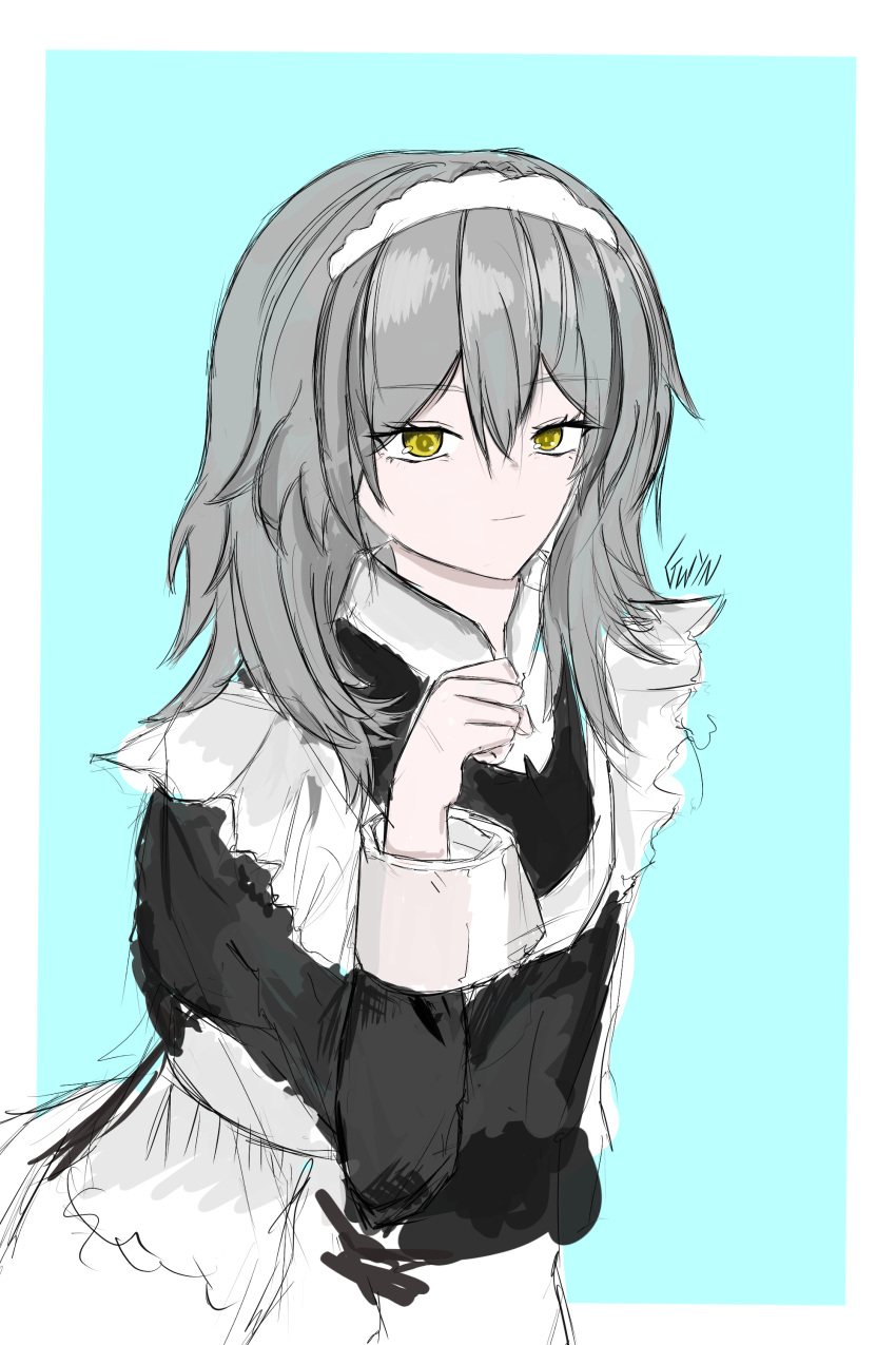1girl, absurdres, blue_background, grey_hair, gwyn_rtrd, highres, honkai:_star_rail, honkai_(series), maid, non-web_source, stelle_(honkai:_star_rail), trailblazer_(honkai:_star_rail), yellow_eyes