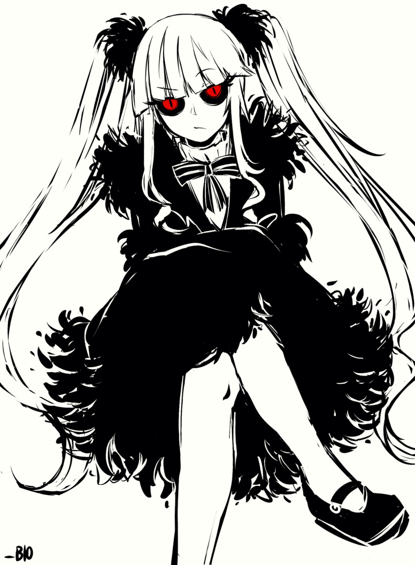1girl, bio_(bioshitto), black_dress, black_sclera, closed_mouth, colored_sclera, crossed_arms, crossed_legs