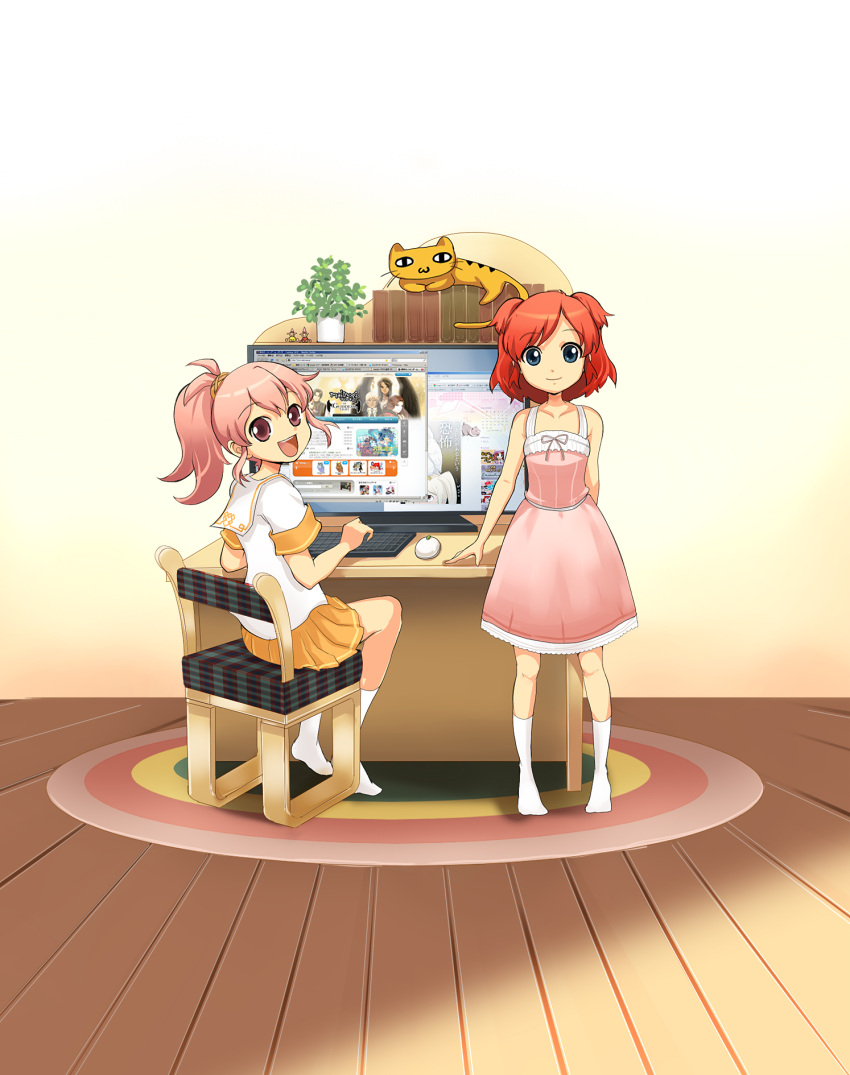blue_eyes, computer, dress, highres, mabinogi, mari_gwydion, multiple_girls, original