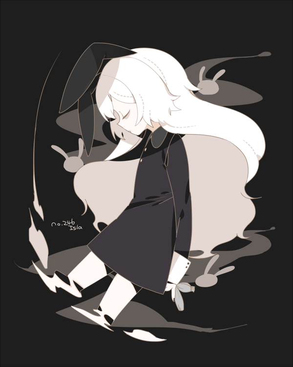 1girl, animal_ears, bags_under_eyes, black_background, black_dress, character_name, closed_eyes, dress