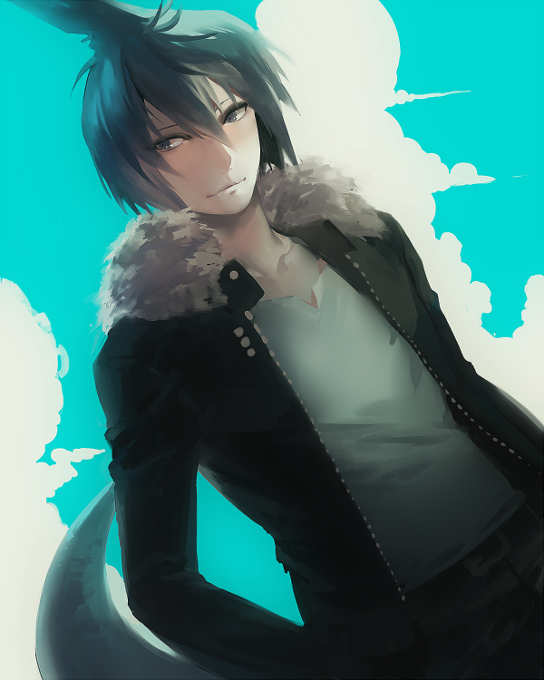 1boy, black_jacket, black_pants, blue_background, closed_mouth, clouds, cloudy_sky, facing_viewer, fur-trimmed_hood, fur_trim, grey_eyes, grey_hair, grey_shirt, hood, jacket, long_sleeves, looking_to_the_side, male_focus, oounabara_to_wadanohara, pants, samekichi_(wadanohara), shark_fin, shirt, short_hair, sky, smile, solo, tki