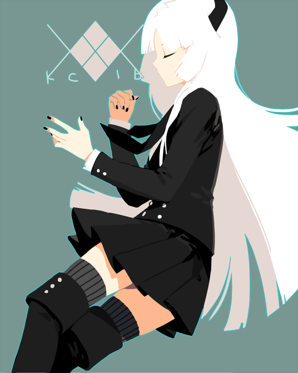 1girl, aqua_background, black_footwear, black_jacket, black_nails, black_necktie, black_skirt, boots