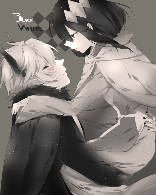 1boy, 1other, androgynous, black_eyes, black_hair, black_sclera, carrying, colored_sclera