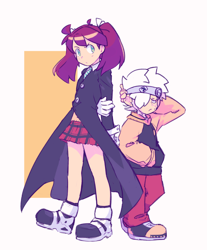 1boy, 1girl, blue_eyes, brown_hair, closed_mouth, cosplay, full_body, gloves