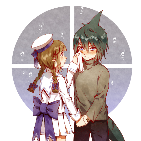 1boy, 1girl, aged_down, black_hair, black_pants, blue_eyes, blush, braid