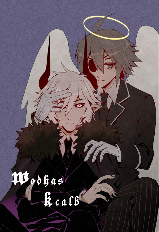 2boys, angel, angel_wings, black_sclera, colored_sclera, covering_another's_eye, demon_boy, demon_horns