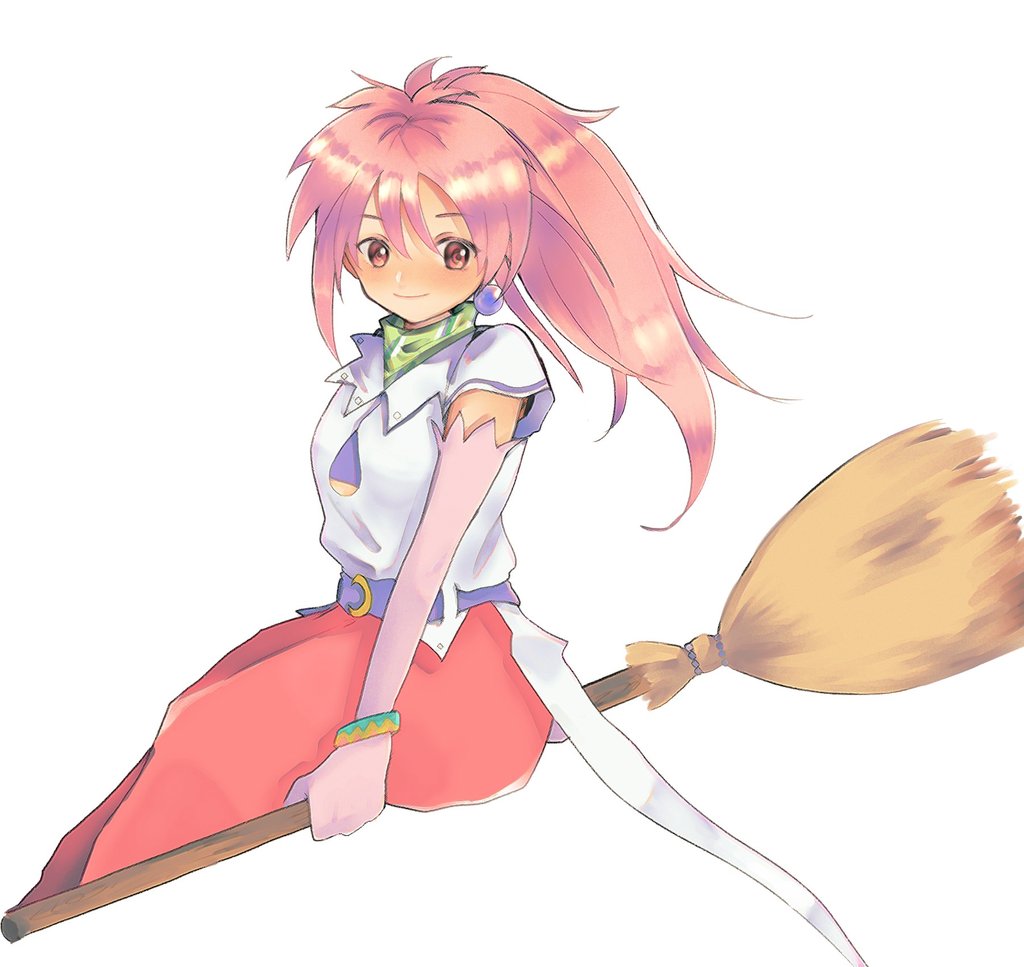 1girl, arche_klein, belt, bracelet, broom, closed_mouth, earrings, elbow_gloves, gloves, jewelry, korunosabu, long_hair, looking_at_viewer, pants, pink_eyes, pink_hair, pink_pants, ponytail, simple_background, smile, solo, tales_of_(series), tales_of_phantasia, white_background, wide_ponytail