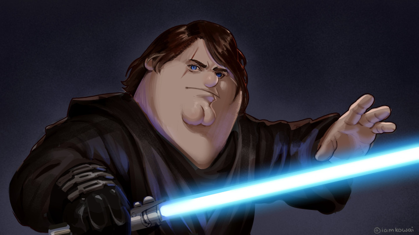 1boy, anakin_skywalker, anakin_skywalker_(cosplay), black_robe, blue_eyes, brown_hair, cleft_chin, closed_mouth