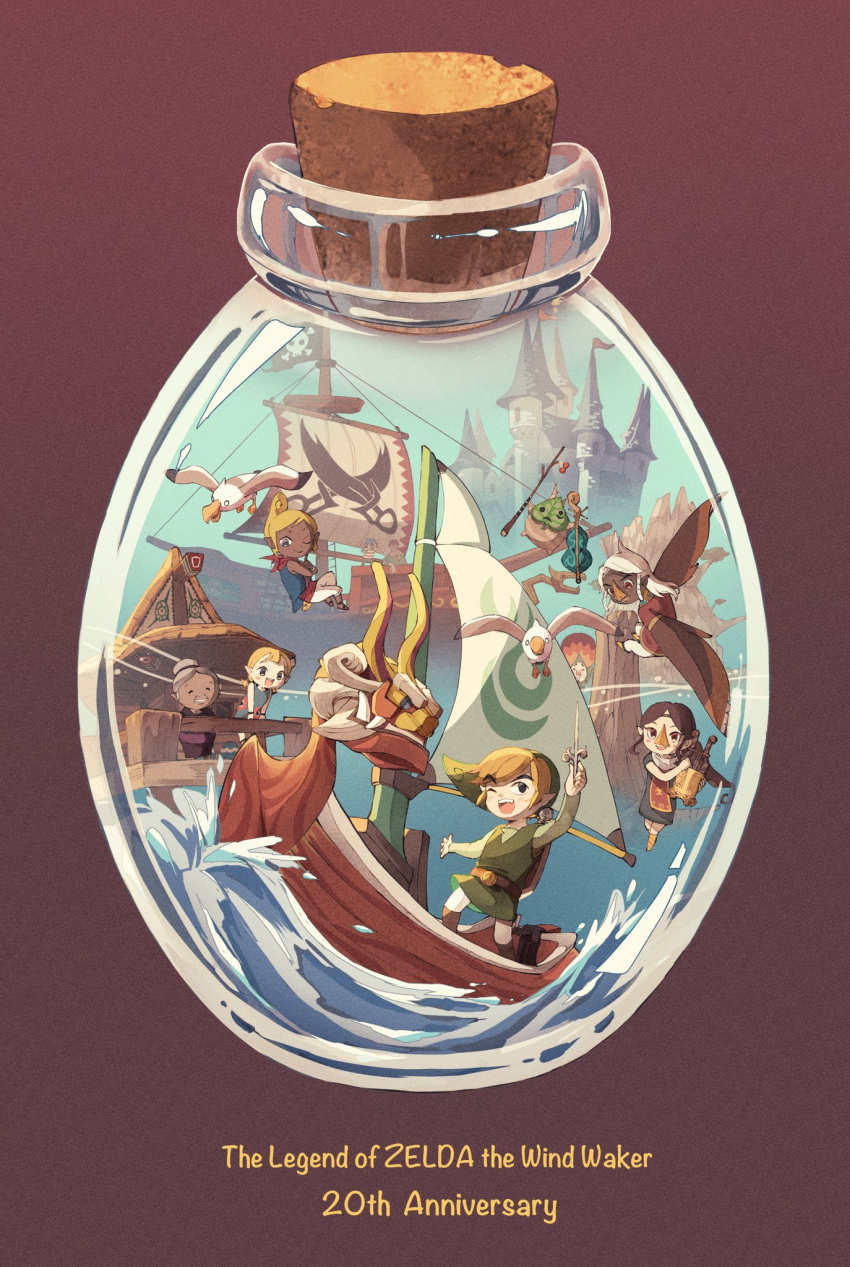 1boy, 5girls, aryll, bird, blonde_hair, boat, bottle, brown_background