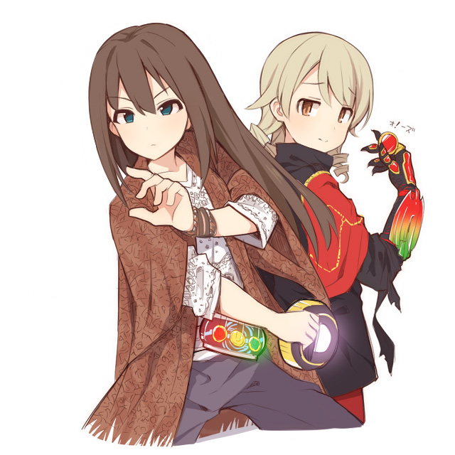 2girls, ankh_(ooo), ankh_(ooo)_(cosplay), black_jacket, black_pants, blue_eyes, brown_eyes, brown_hair